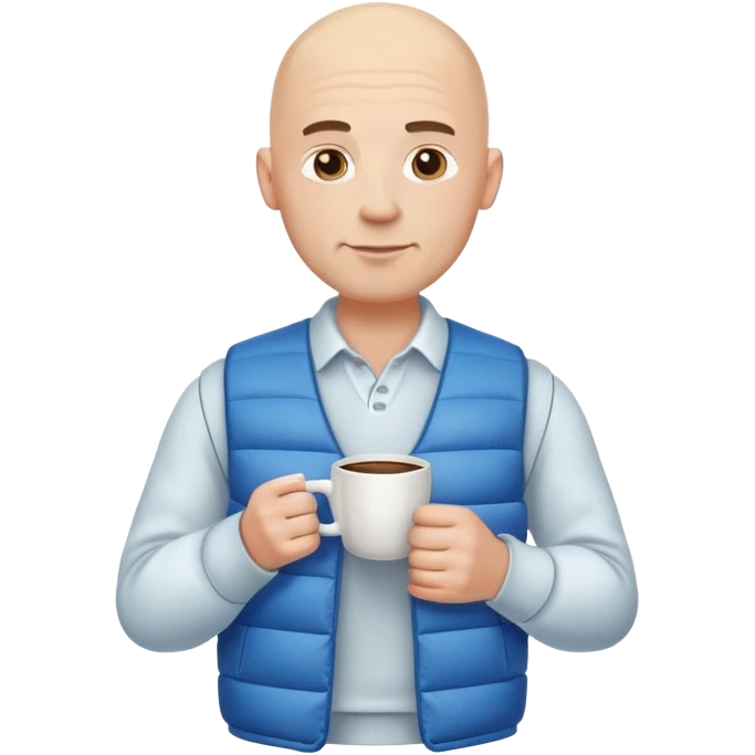 full body bald man wearing long sleeve white shirt with blue puffy winter vest holding a cup of coffee in front of him at his chest emoji