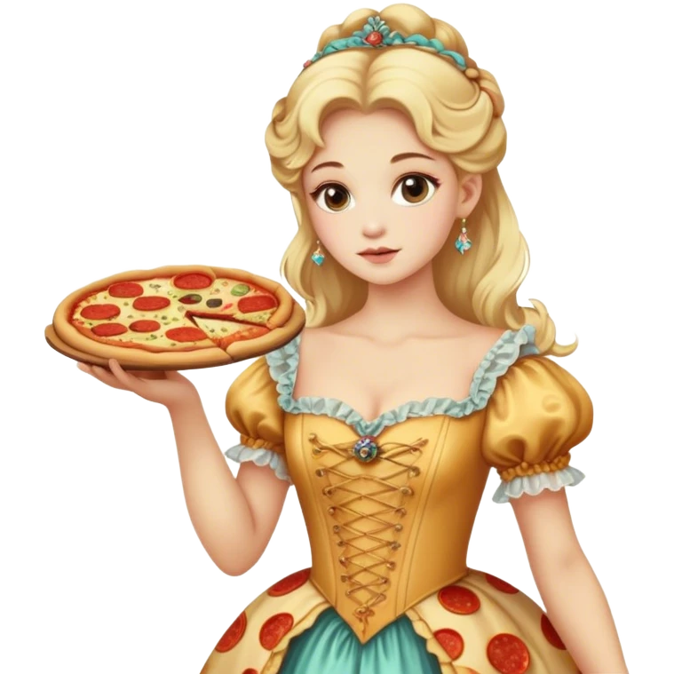Blonde model wearing a rococo gown holding a pizza  emoji