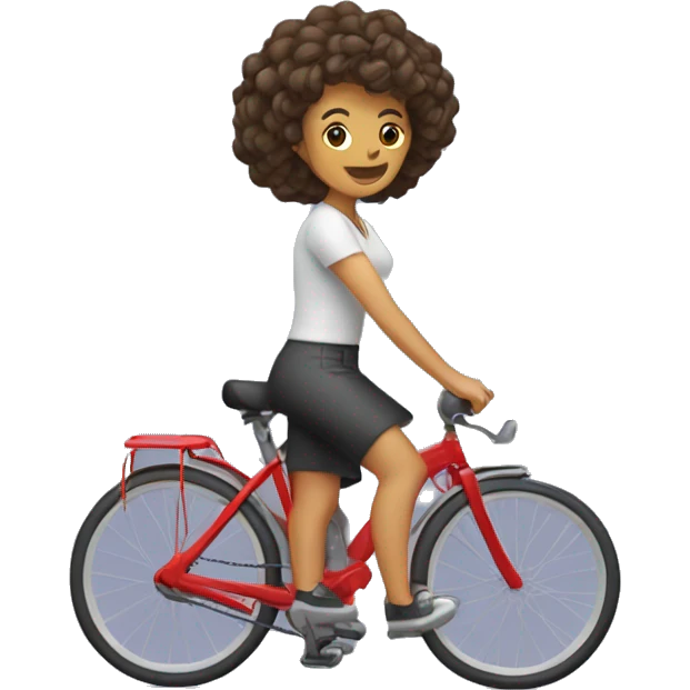mujer con el pelo rizado corto montada en una bicicleta profecional emoji