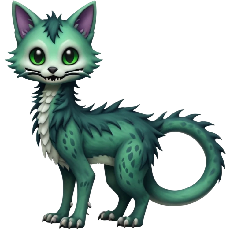 Scaley Kawaii spectral spooky dark bleak blackish swampy white-skeletal gloomy ghostly dark greyish dark-deep-greenish foggy eldritch beautiful realistic edgy fantasy ghoul-like stitched feline-vernid-sergal-fursona animal creature with a tufted tail full body with intricate markings  emoji