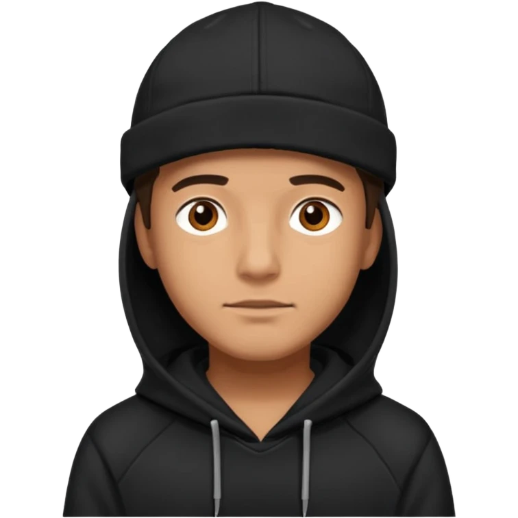 Guy wearing a black hoodie and a black cap his eyes hunter eyes brown and his skin white but tanned  emoji