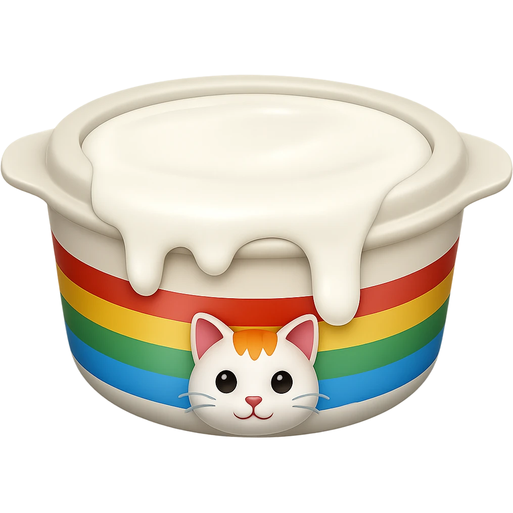 Replace the food in the cat food bowl with milk, the bowl is filled to the brim and overflowing with milk, keep the cat food bowl style and apple emoji style, no background. emoji