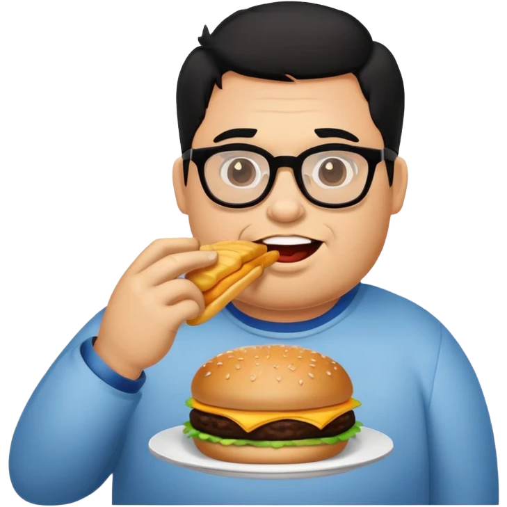 A large man with glasses and black hair eating a hamburger and fries emoji