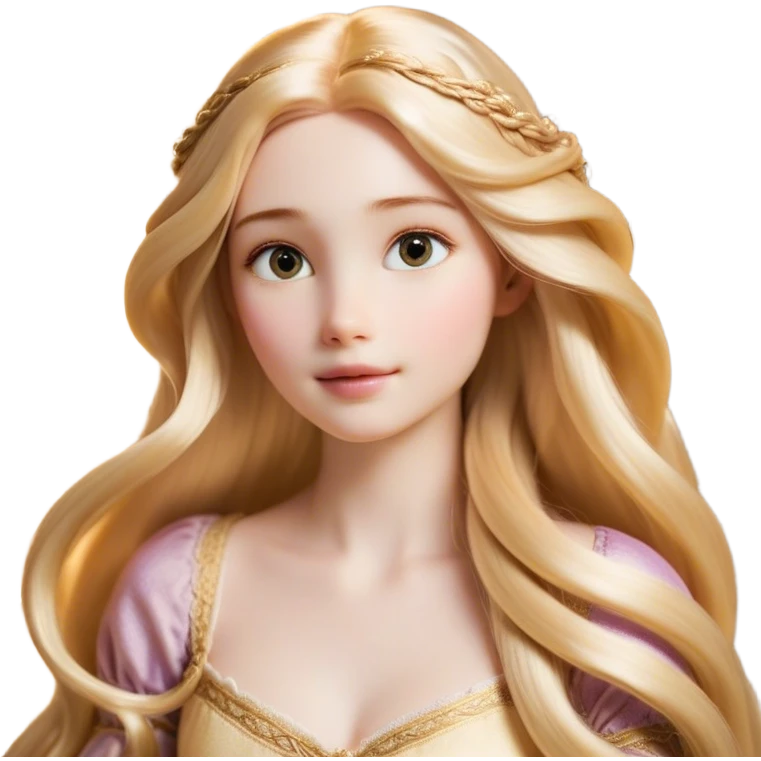 Cinematic Realistic Rapunzel Portrait, with porcelain-like skin featuring a subtle, natural glow, illuminated by soft lighting that brings out the gentle contours of her face. Her long, golden blonde hair cascades in detailed waves, each strand highlighted with a radiant shimmer as it catches the light. Her bright, expressive green eyes exude curiosity and warmth, framed by delicate lashes and soft, arched brows. Her expression is playful and vibrant, with a gentle smile. She is dressed in her classic lavender and pink gown, the fabric textured with delicate folds that flow naturally, catching the light with a soft, radiant glow. The portrait captures a luminous, enchanting aura, seamlessly blending realism with a whimsical, fairytale charm, evoking a timeless sense of beauty and magic. emoji