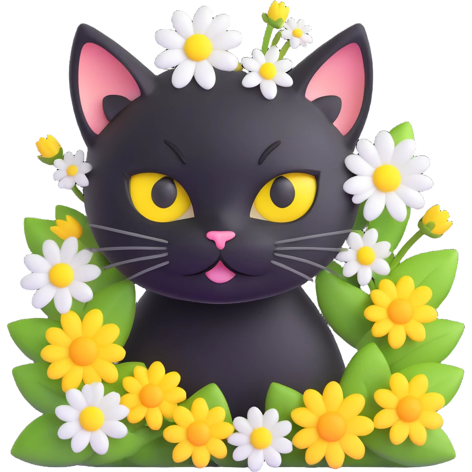 cute black cat with big yellow eyes peeking out from green grass, white flower on its head, surrounded by small white and yellow flowers, 3D iOS 18 style illustration emoji