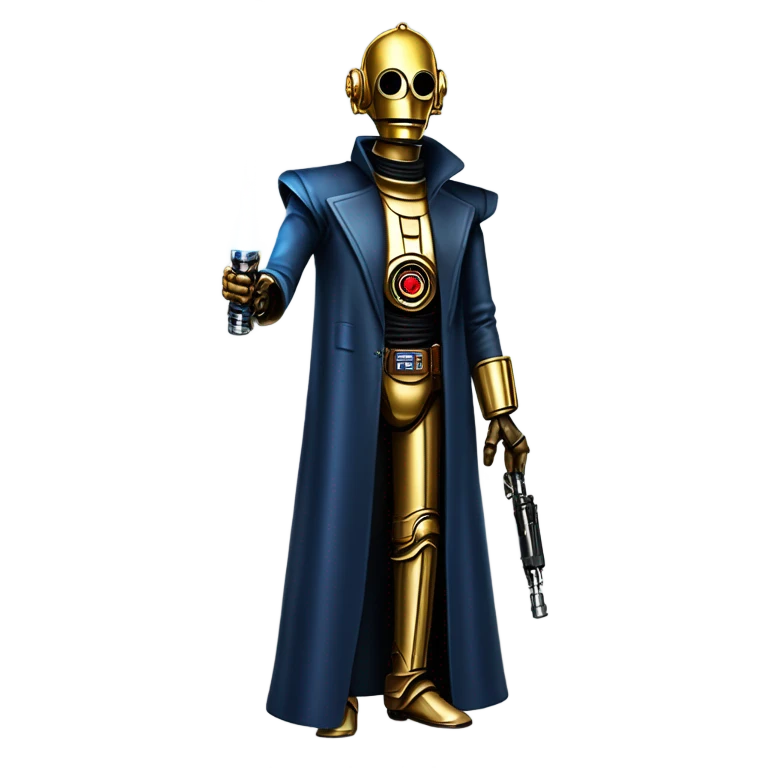 tough well-equipped jedi first order life-sized darkblue-pearl C3po as a friendly bounty hunter droid wearing a leather clothing old west duster coat holding light saber emoji