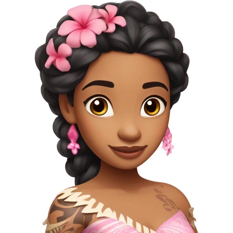 princess moana wearing a rococo pink dress with a pink Hawaiian flower in her hair emoji