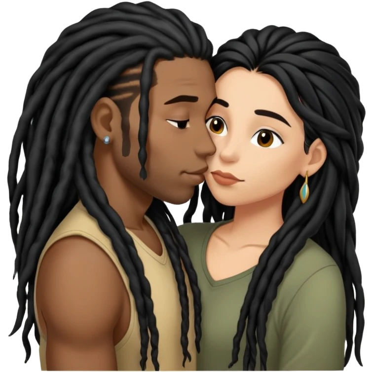 Latina Woman with long hair kissing a young black guy with dreads chin hair emoji