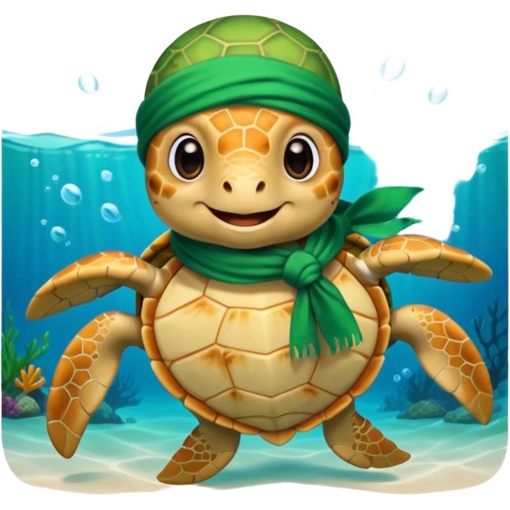 cute sea turtle wearing a green pirate scarf emoji
