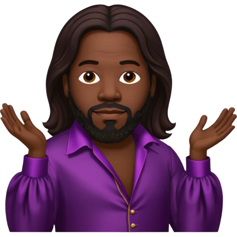 Barry White with long dark brown hair, dark plum silk outfit emoji