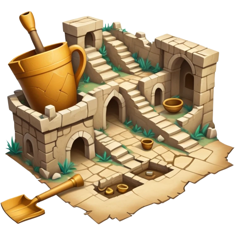 An icon showing an ancient city excavation site with uncovered ancient amphoras, an old map, and a shovel. The design captures the thrill of uncovering historical treasures and ruins. Transparent background highlights the excitement of archaeological discovery. emoji