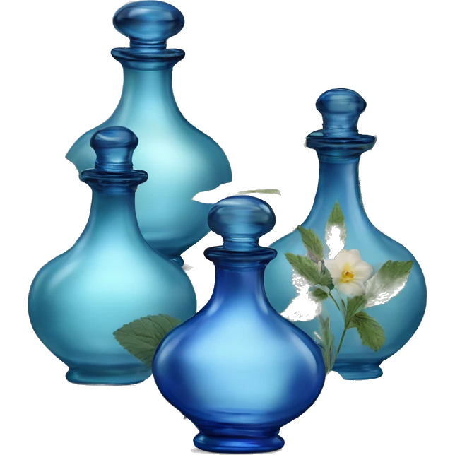 Four blue Antique oil perfume bottles with herbal and flowers emoji