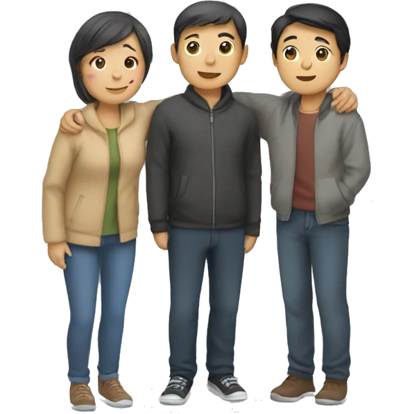 Three Asians standing side by side and looking at each other and hugging each other emoji