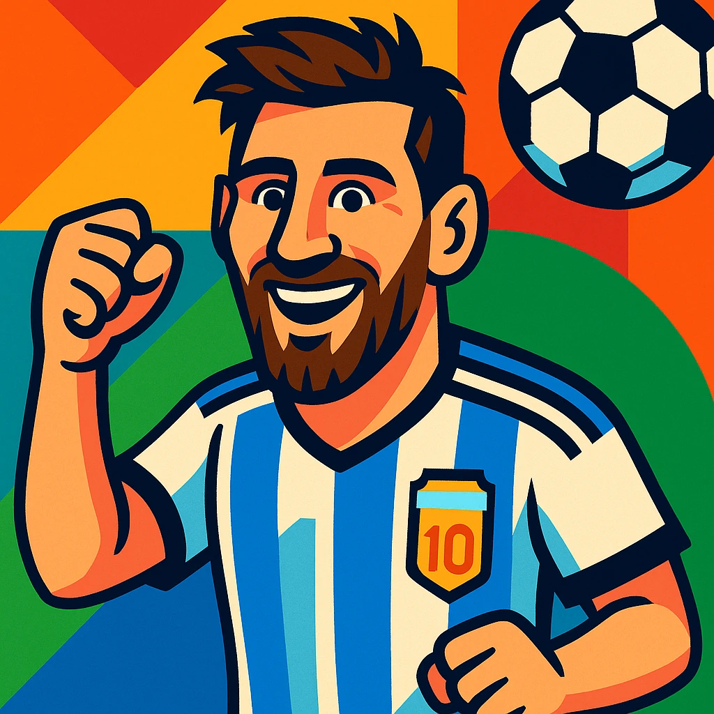 Lionel Messi, football star, cartoon style, vibrant toon illustration emoji