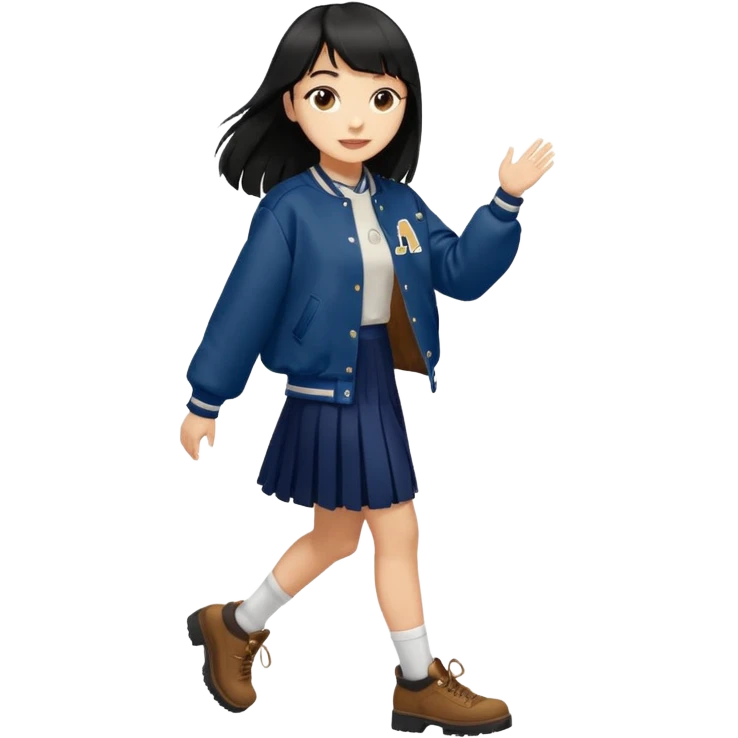 hair : black long hair with fringe (almost waist length) 
skin : light 
outer : deep brown varsity jacket (oversize) 
skirt : navy long long skirt (under knee, close to toe)  
motion : walking alone 


 emoji