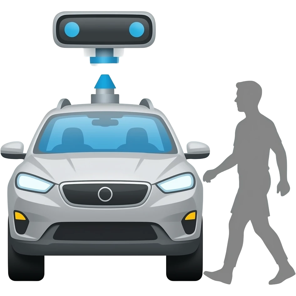 Flat vector icon of a driverless car with radar waves and lidar sensors detecting a pedestrian silhouette, autonomous vehicle concept, smart city, tech style. emoji