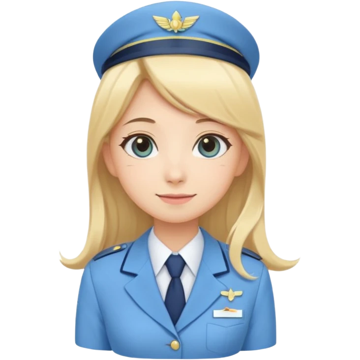 Cute emoji-style Japanese flight attendant, blonde long hair , pastel blue airline uniform, kawaii cartoon style, big eyes, simple clean lineart, pastel colors, chibi proportions, friendly smile, sticker/emoji, transparent background emoji