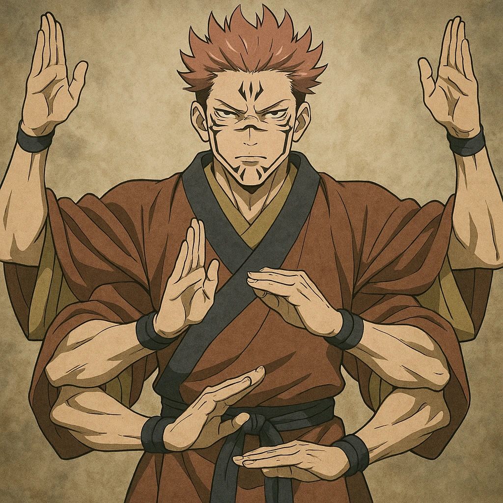 Ryomen Sukuna, Heian era, stern face, performing Ryoi Kenkai, four arms, traditional robes, anime style emoji