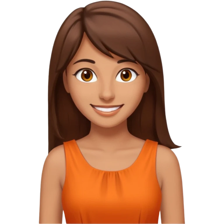 30 yr old middle eastern woman straight brown hair side bangs big smile tanned skin brown eyes orange dress long hair emoji
