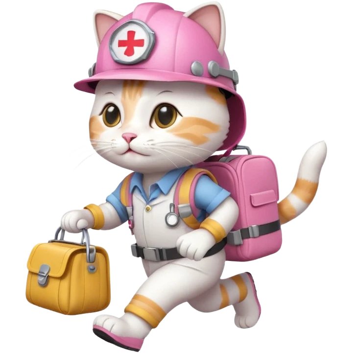 A cute white and pink funny cartoon cat dressed as engineer with a white helmet running very fast carrying her cute bag leaving a smoking footsteps emoji