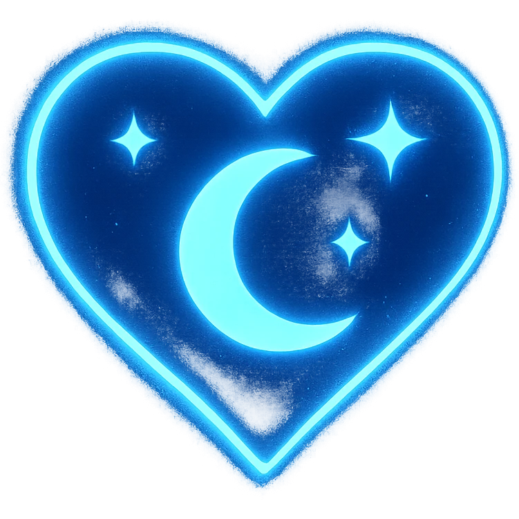 heart with a crescent moon and stars, dark blue background, glowing edges emoji