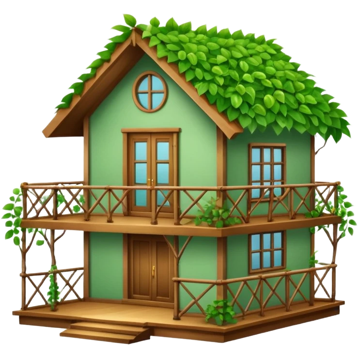 Beautifull Green house made with leaves, branches and a balcony  emoji
