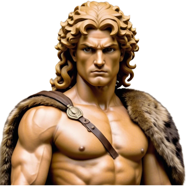 Cinematic Realistic Barbarian Hercules Portrait, depicted as a fierce Greek hero with the chiseled features of Michelangelo's David. His light tan, sculpted skin glows with timeless strength, and his thick, curly, golden brown hair cascades in wild, untamed curls reminiscent of a warrior’s mane. Instead of a flowing white robe with golden accents and a laurel wreath, he wears rugged, weathered leather and fur garments—a tattered, fur-trimmed cloak draped over broad shoulders and a simple circlet forged from iron and bone. His intense, determined eyes exude savage nobility, all rendered under dynamic natural lighting with a mythic, raw, radiant glow. emoji