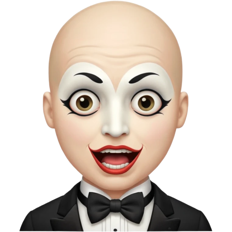 a bald cabaret actor with a white-painted face and heavily made-up eyes and mouth, a huge, wide-open mouth, and a startled look emoji