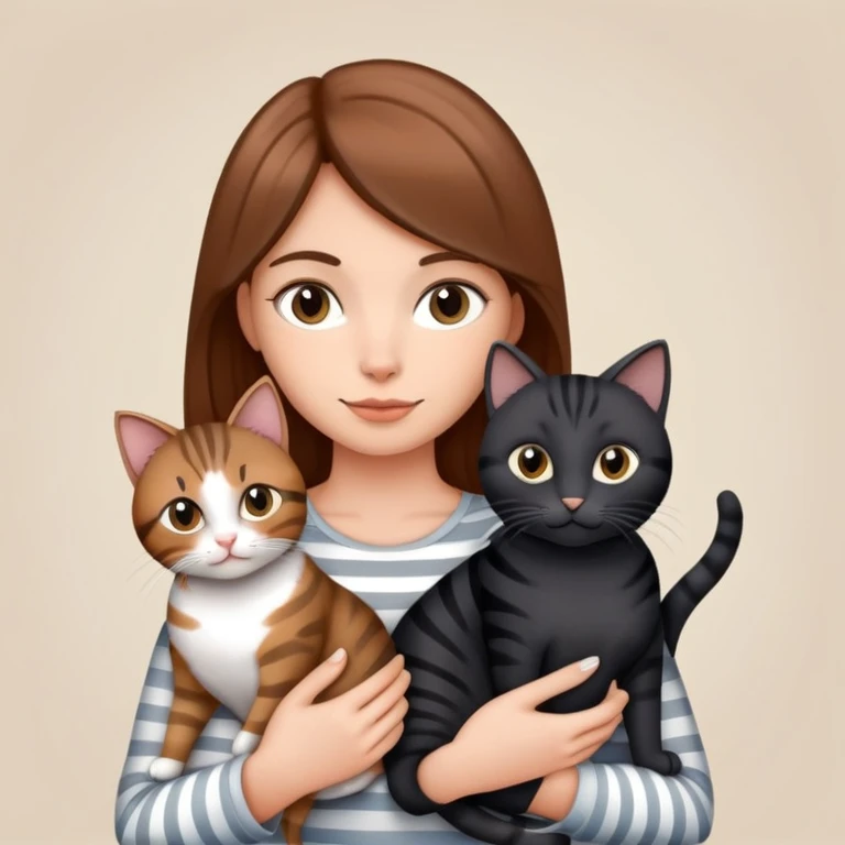 Tan brown-haired girl holding three cats, one black cat, one grey cat, and one grey-striped cat emoji