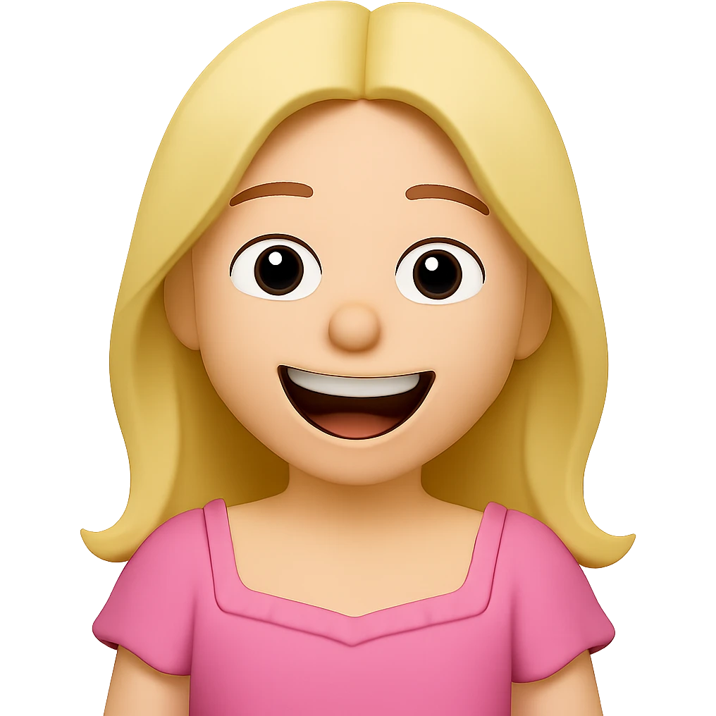 Create an iOS emoji style blonde woman with long hair and pale green eyes, laughing expression, based on the appearance in the reference image. emoji