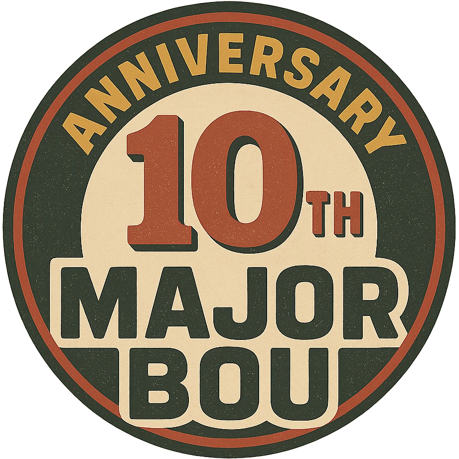 Retro-style 10th anniversary logo for Major Bou with bold typography and vintage colors emoji