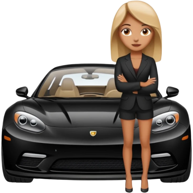 A fast, expensive black car with a young woman beside it emoji