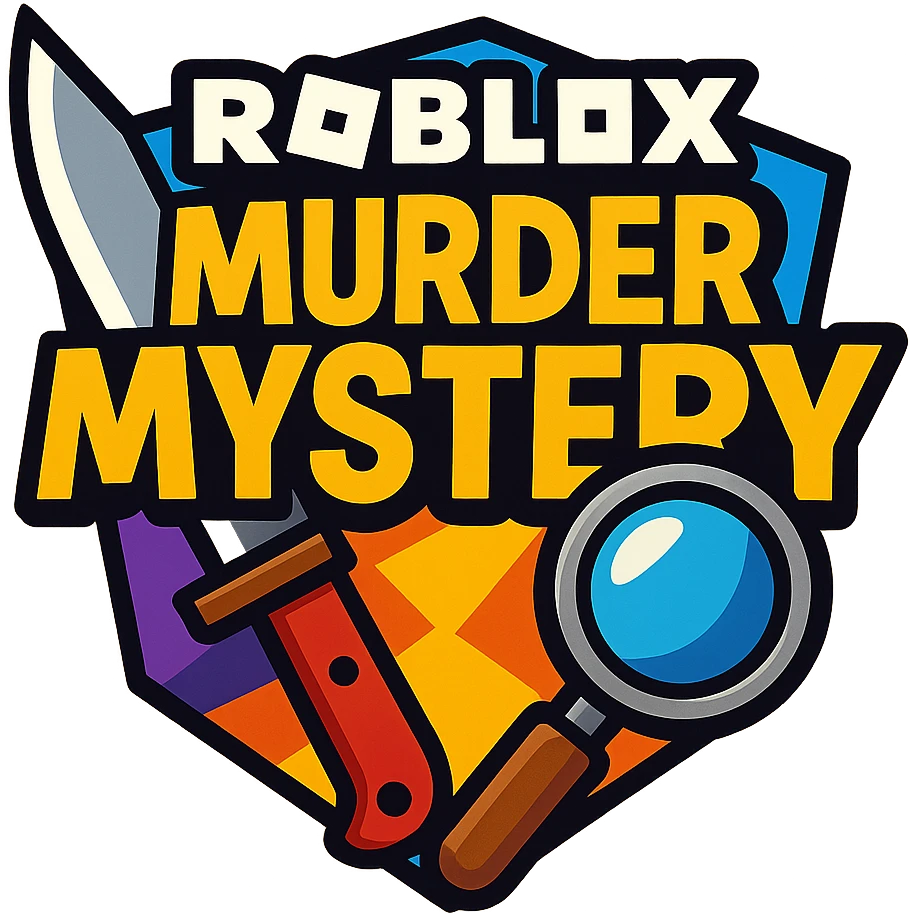 Roblox Murder Mystery logo with bold text, knife and magnifying glass, vibrant toon style emoji