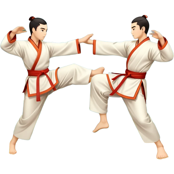 Two martial artists in traditional Wushu attire, performing elegant, fluid moves. The background shows a peaceful, scenic landscape with mountains and bamboo trees, symbolizing the balance of power and grace in Wushu.  emoji