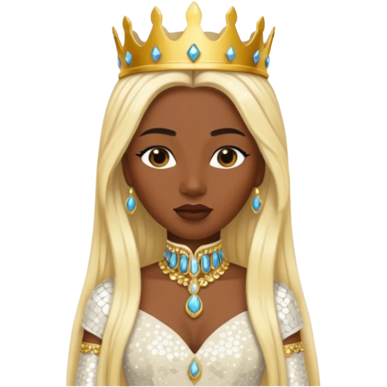 Queen of Sheba from The Bible with dark skin, long blonde hair, ivory sequin outfit emoji
