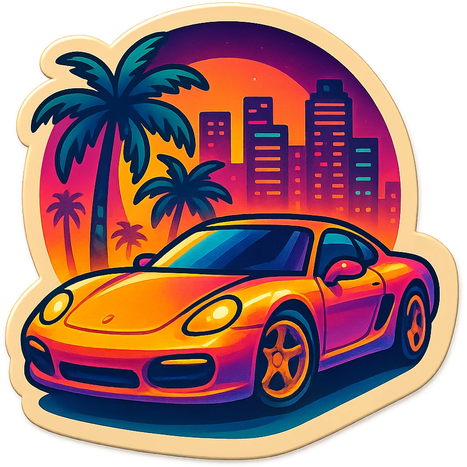 emoji inspired by Miami Vice, sports car, palm trees, neon cityscape emoji