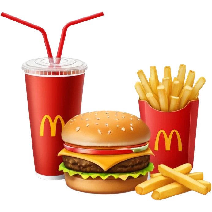 make a Luxe Cheeseburger Meal combo with cold drink inside that a straw and some ice cubes and beside some McDonald's fries box inside some thick fries

 with a angle to 15–20° gentle bird’s-eye angle  emoji