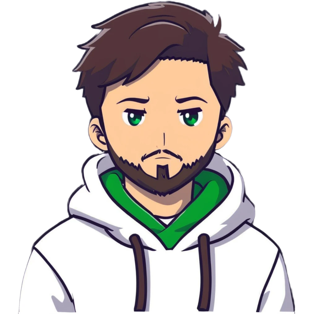 anime style man with short full beard, dark brown undercut hairstyle, white hoodie, and green eyes emoji