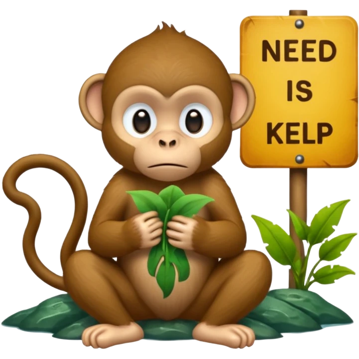 Sad Monkey sitting beside a 'neeed kelp 🥺' sign, emoji