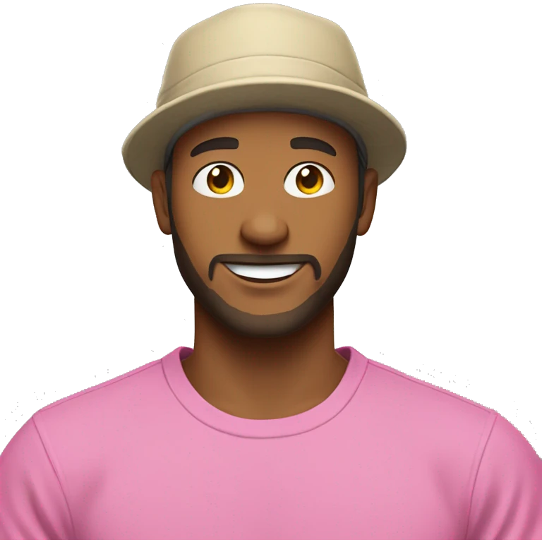 Man with dark blond hair and short beard, pink bucket hat and pink tshirt smiling emoji