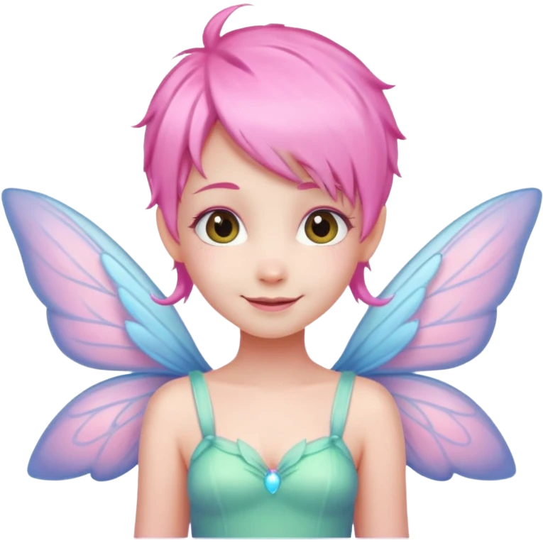 A tiny pastel fairy with pink hair with glowing wings and a sweet smile  emoji