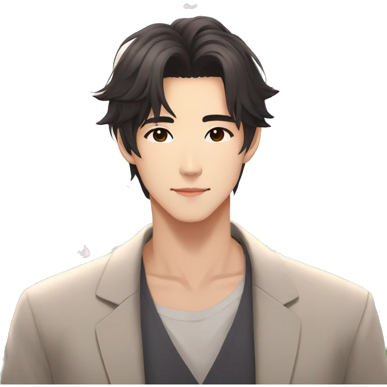 Gorgeous romantic Asian anime gentle man with blushing face aesthetic trending style outside emoji