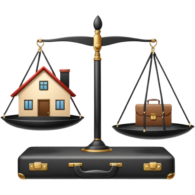 Minimalistic flat vector icon, iOS style, thin black contour on white background. Balanced scale with a house on one side and a briefcase on the other. Clean, no text, no shadows.
 emoji