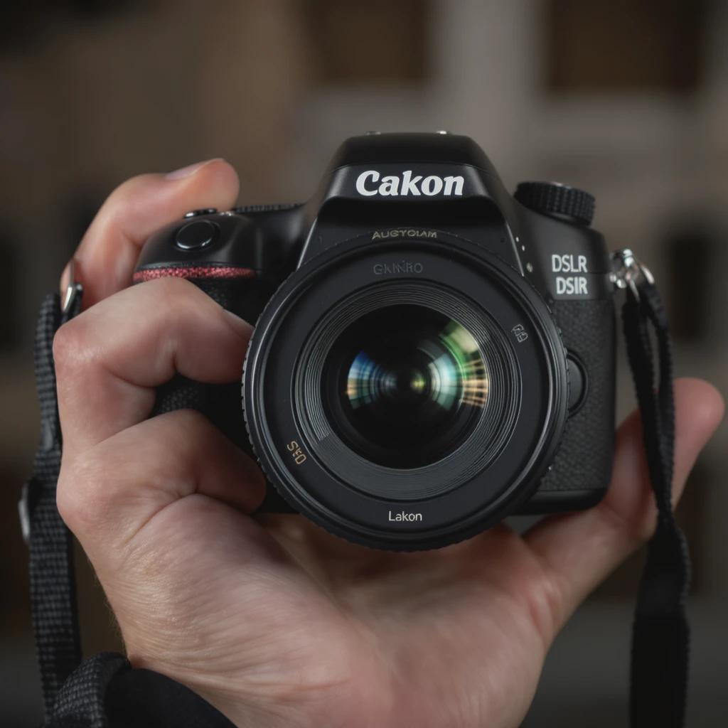 realistic of hand holding dslr camera, studio quality, close up emoji