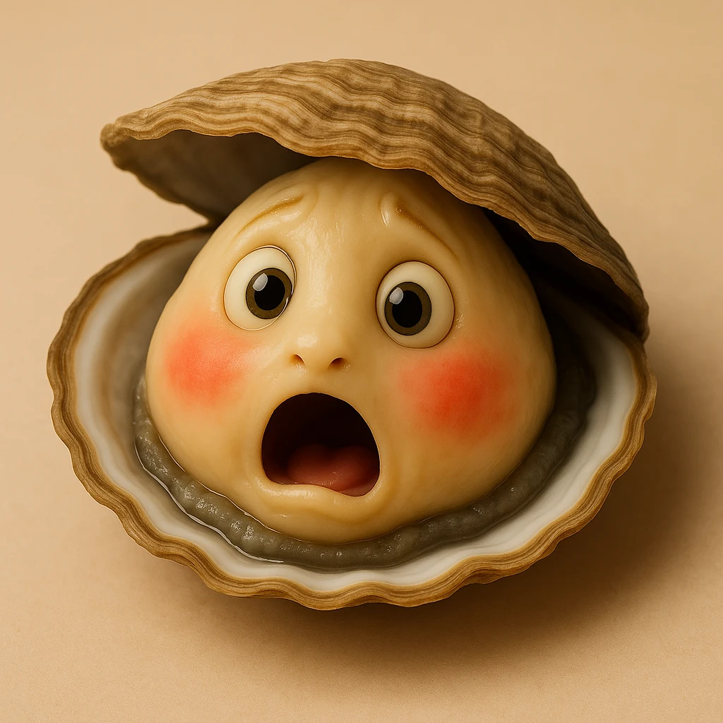 A cute oyster with a shocked expression, open mouth, round eyes, in photorealistic style. emoji