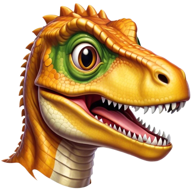 Cinematic Realistic Comical velociraptor/T-rex Portrait Emoji, Head tilted dramatically with an exaggeratedly amused expression, featuring a striking, glossy scaled body with bold natural textures and wide, expressive eyes brimming with playful disbelief, rendered with lifelike detail and dynamic natural lighting, high shine, dramatic yet playful, styled with an air of cheeky prehistoric mischief, soft glowing outline, capturing the essence of a spirited and over‐the‐top velociraptor/T-rex that looks ready to bellow its way into viral fame! emoji