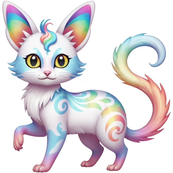Jumping-Pure-snow-White albino iridescent with pastel rainbow-gradients-color-markings with swirly patterns butterflies  faerie-Noivern-Noibat-Purloin-Torracat-Lykoi-Caracal-cat-Fakemon-fusion-hybrid-creature- emoji