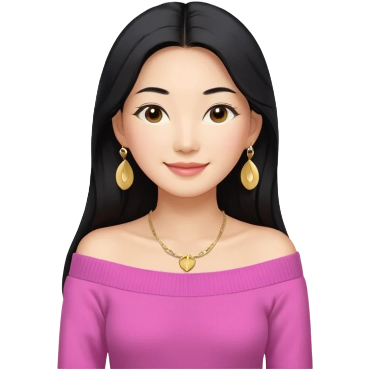 South Korean girl in her mid-thirties with long black hair with a middle part. She is wearing a pink, off the shoulder long sleeve knit sweater, extra small gold earrings and a gold necklace. She has brown eyes with narrow, mono lid shape and smiling with lips together emoji