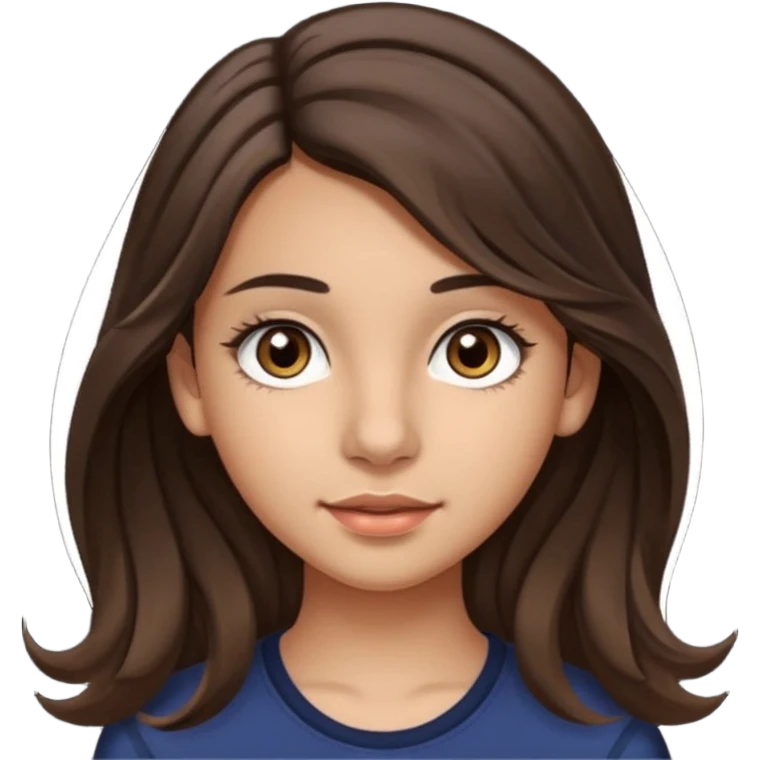 Create a emoji of a girl teen (14 years old) with dark brown hair and a little bit lighter brown in the end of the hair (but mixed) and waves in the hair, very long hair, with MEDIUM FAIR TO OLIVE skin tone, dark brown eyes, perfect nose, long eyelashes emoji