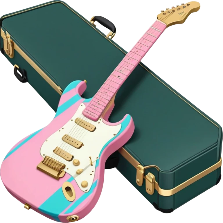 minimalist electric guitar in dark green with pink and blue stripe decal, closed inside a black rectangular hard case with gold latches, flat semi-3D style, soft matte textures, simplified details, stylized decal accent, alternate angle emoji